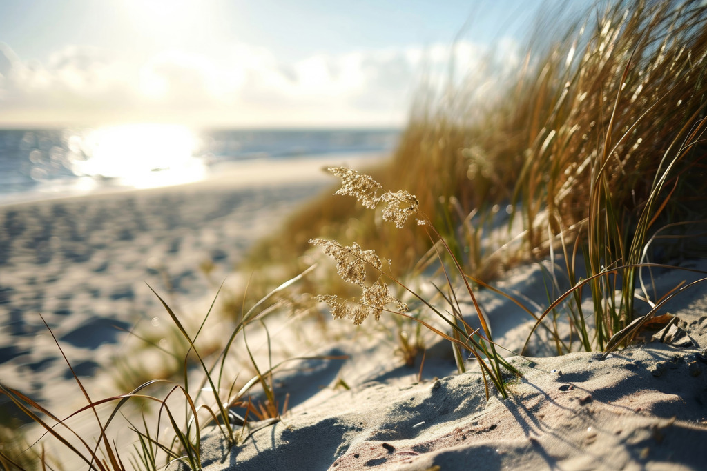 2402016 - Strandlicht | Dieses fotorealistische Motiv fängt die Weite und Schönheit einer norddeutschen Dünen- und Strandlandschaft im warmen Sonnenlicht ein.
