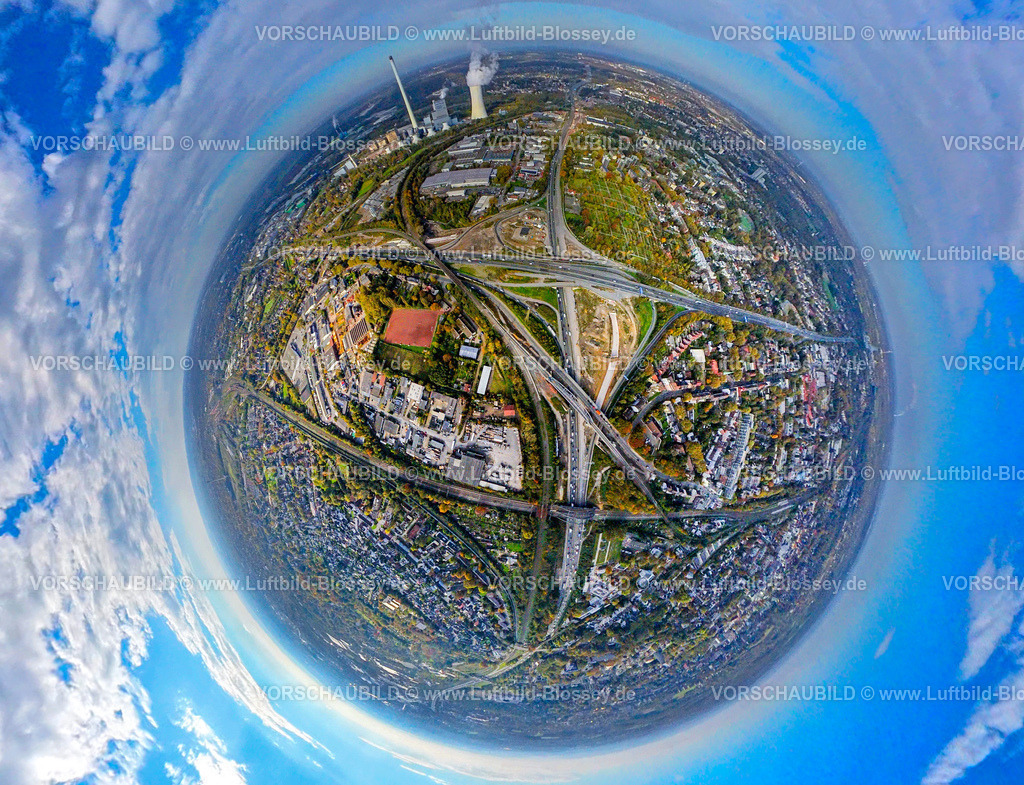 Herne241090408BAB-KreuzHerne | Luftbild, Großbaustelle Autobahnkreuz Herne, Autobahn A43 und A42, Baukauer Friedhof (Nordfriedhof) Herne und hinten das STEAG Heizkraftwerk Herne, Erdkugel, Fisheye Aufnahme, Fischaugen Aufnahme, 360 Grad Aufnahme, tiny world, little planet, fisheye Bild, Baukau-West, Herne, Ruhrgebiet, Nordrhein-Westfalen, Deutschland