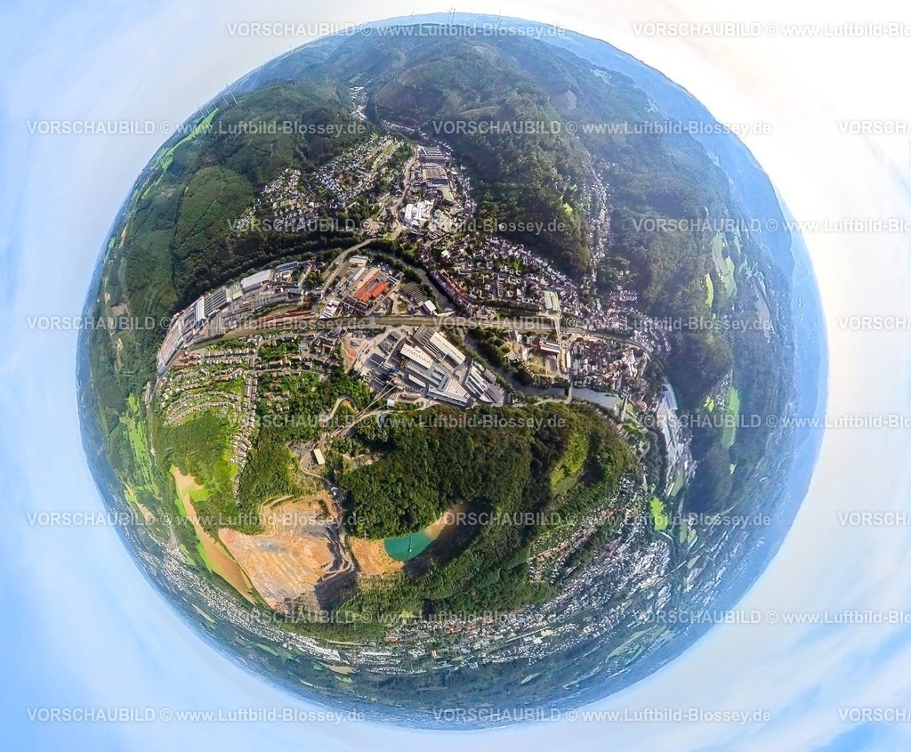 Hagen230990011Hohenlimburg | Luftbild, Innenstadtansicht und Fluss Lenne, Gewerbegebiet Oege, Steinbruch Steltenberg, Erdkugel, Fisheye Aufnahme, Fischaugen Aufnahme, 360 Grad Aufnahme, tiny world, Hohenlimburg, Hagen, Ruhrgebiet, Nordrhein-Westfalen, Deutschland