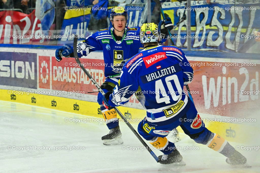 EC VSV vs. HC Bozen 16.2.2024 | Jubel EC VSV, #74 Golod Maxime, #40 WALLENTA Elias,  EC VSV vs. HC Bozen 16.2.2024, EC VSV vs. HC Bozen 16.2.2024 am 16.02.2024 in Villach (Stadthalle Villach), Austria, (Photo by Bernd Stefan)