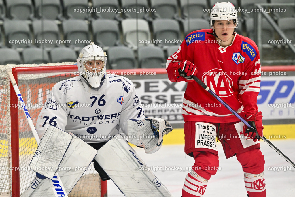 EC KAC Future Team vs. Die Adler Kitzbühl 7.10.2023 | #76 Schubert Thomas EC Kitzbühel, #22 Waschnig Lukas EC KAC FUTURE TEAM, EC KAC Future Team vs. Die Adler Kitzbühl 7.10.2023, EC KAC Future Team vs. Die Adler Kitzbühl am 07.10.2023 in Klagenfurt (Messehalle Klagenfurt), Austria, (Photo by Bernd Stefan)