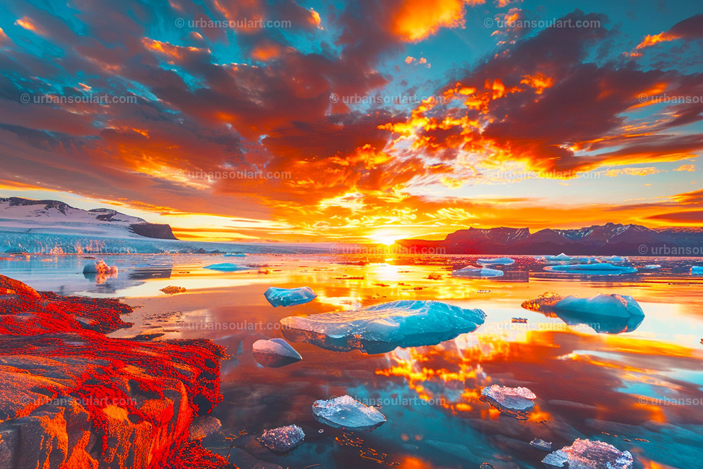 Vibrant Artic Sunset With Floating Icebergs | This Arctic sunset reflects vividly across the water, with floating icebergs adding to the scene's beauty. Perfect for lovers of the North's natural wonders and captivating landscapes. - Realisiert mit Pictrs.com