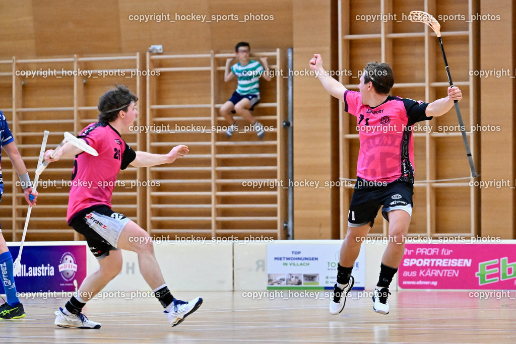 VSV Unihockey vs. Wiener Floorballferein 6.4.2024 | #26 Alexander Hanschur Wiener Floorballverein, #71 Christoph Platzer Wiener Floorballverein, VSV Unihockey vs. Wiener Floorballferein 6.4.2024, VSV Unihockey vs. Wiener Floorballferein  am 06.04.2024 in Villach (Ballspielhalle St. Martin), Austria, (Photo by Bernd Stefan)