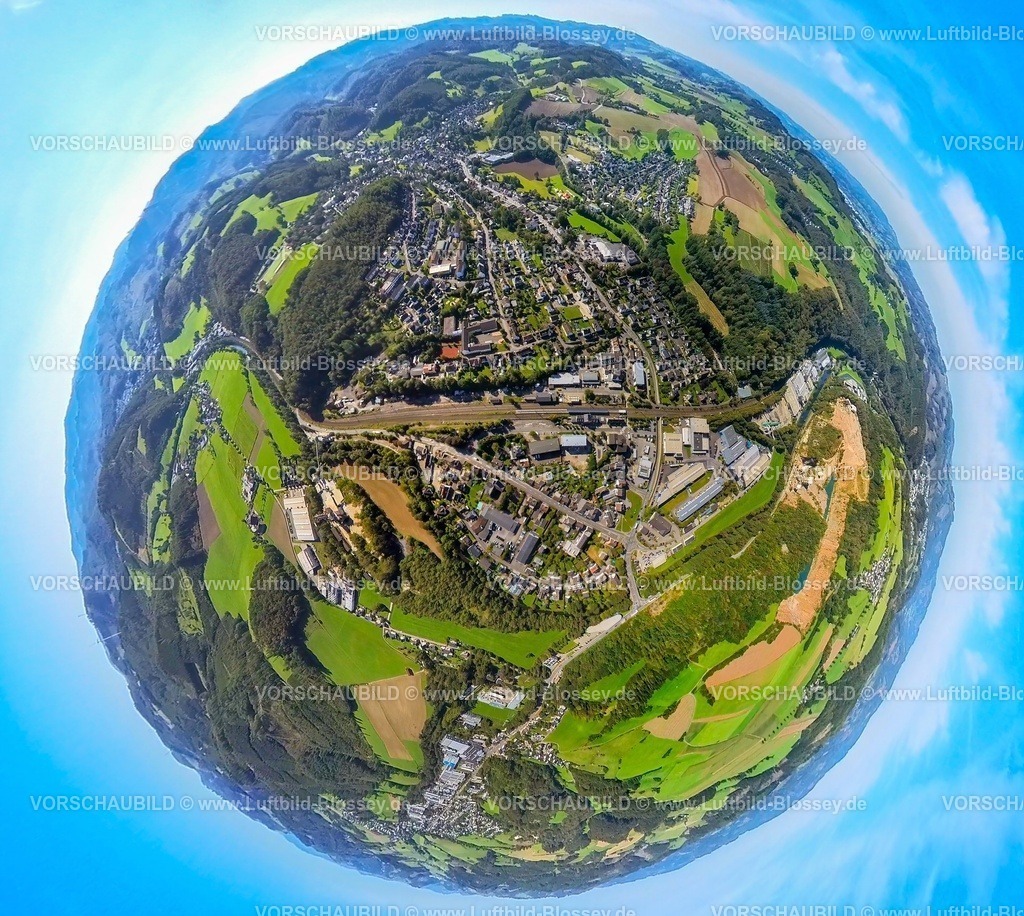 Lennestadt230990327hGrevenbrueck | Luftbild, Ortsansicht Ortsteil Grevenbrück, Lennestadt-Grevenbrück Bahnhof, Erdkugel, Fisheye Aufnahme, Fischaugen Aufnahme, 360 Grad Aufnahme, tiny world, Grevenbrück, Lennestadt, Sauerland, Nordrhein-Westfalen, Deutschland