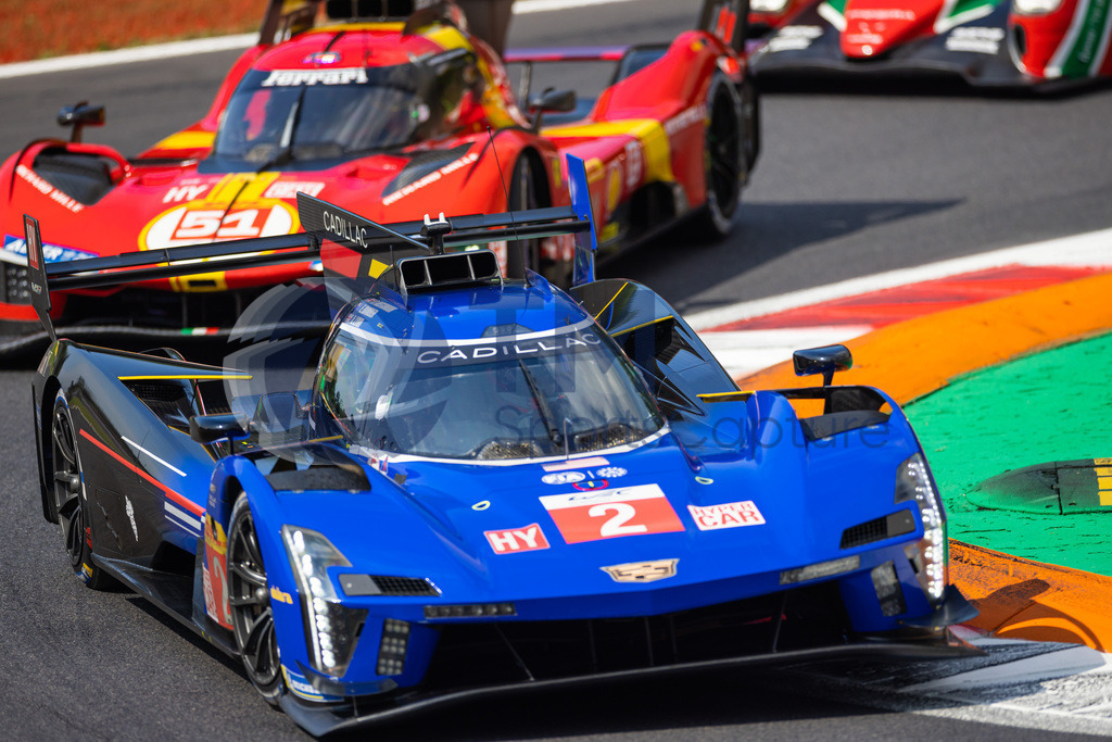 Trainproduction-20230708-0051 | MONZA,ITALY,08.Jul.23 - MOTORSPORTS - WEC, FIA World Endurance Championships, 6h of Monza, Autodromo Monza. Image shows Earl Bamber (NZL), Alex Lynn (GBR) and Richard Westbrook (GBR/ Cadillac Racing) and Alessandro Pier Guidi (ITA), James Calado (GBR) and Antonio Giovinazzi (ITA/Ferrari AF Corse).  Photo: Trainproduction / Matthias Trinkl