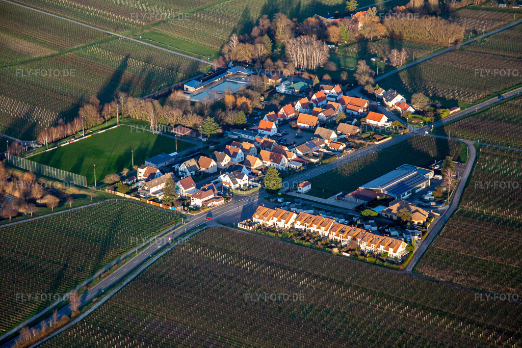 Luftbild: Leonhard-Eckel-Siedlung in Edesheim im Bundesland Rheinland-Pfalz in Deutschland. – Foto: IMG_135837.jpg vom 18.01.2023 durch Werner Riehm/FLY-FOTO.de – Auflösung des Originals: 5472 x 3648 px – Edesheim - Gastlichkeit an der südlichen Weinstraße