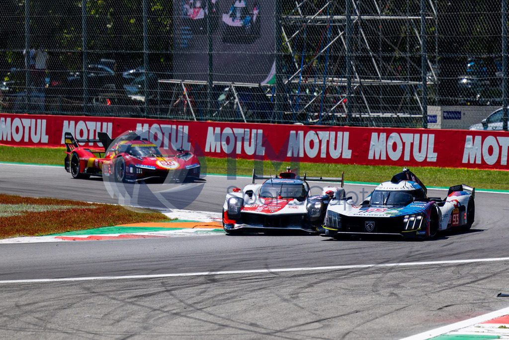 Trainproduction-20230709-0004 | MONZA,ITALY,09.Jul.23 - MOTORSPORTS - WEC, FIA World Endurance Championships, 6h of Monza, Autodromo Monza. Image shows Mike Conway (GBR), Kamui Kobayashi (JPN) and Jose Maria Lopez (ARG/ Toyota Gazoo Racing), Paul Di Resta (GBR), Mikkel Jense (DEN) and Jean-Eric Vergne (FRA/ Peugeot Totalenergies) and Antonio Fuoco (ITA), Miguel Molina (ESP) and Nicklas Nielsen (DEN/Ferrari AF Corse).   Photo: Trainproduction / Matthias Trinkl