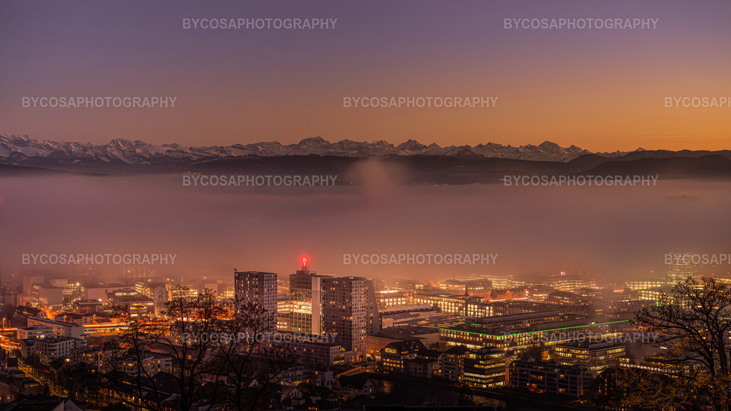 Zürich im Nebel _ Alpenpanorama bei Sonnenuntergang | Dieses Fine-Art-Panorama zeigt Zürich in einem seltenen Moment: Die Stadt versinkt in einem sanften Nebelmeer, während sich darüber das majestätische Alpenmassiv im Abendlicht abzeichnet. Die warmen Lichter der Stadt kontrastieren wunderbar mit der kühlen Bergsilhouette und erzeugen eine fast traumhafte, filmische Stimmung.Ein Bild voller Tiefe, Ruhe und Kraft – ideal als hochwertiger Wanddruck, der jedem Raum Eleganz verleiht. - Realisiert mit Pictrs.com