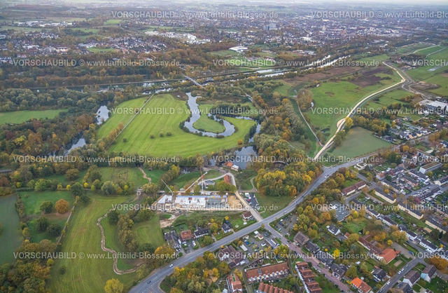 Hamm221011795 | Luftbild, Baustelle und Neubau, Schlossmühle am Mühlengraben und Mühlenteich, Heessen, Hamm, Ruhrgebiet, Nordrhein-Westfalen, Deutschland