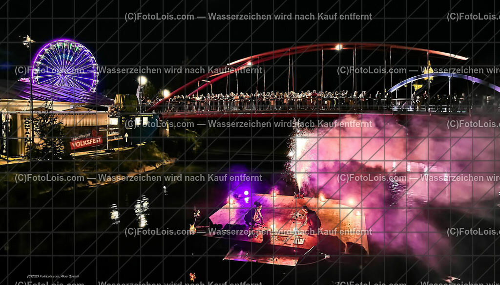 0478_Luftbild_VOLKSFEST-Wlbg_InselFeuer-Show | (C)FotoLois.com, Alois Spandl, Luftbild, Wieselburger VOLKSFEST neu, Feuershow auf der Erlaufinsel unter den Brücken, Do 29. Juni 2023.
