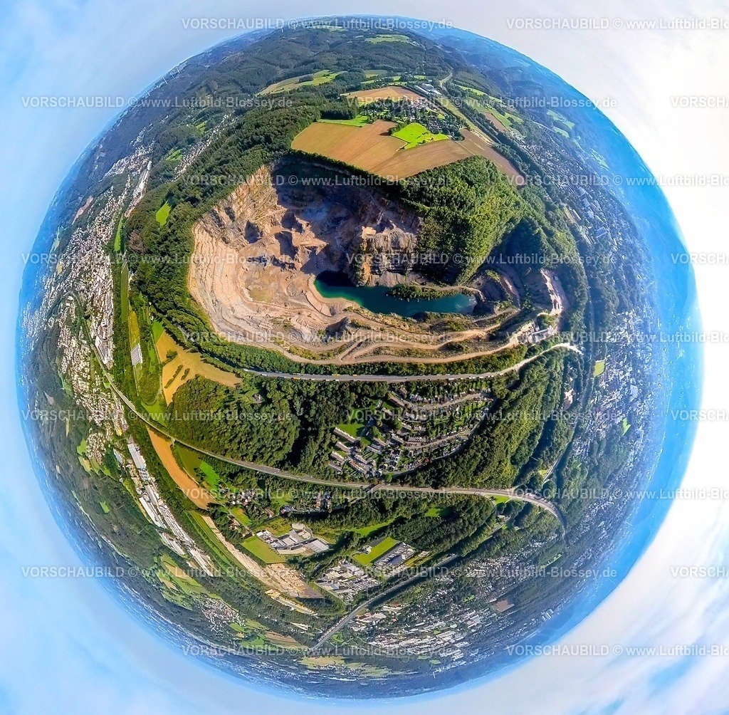 Hagen230990020 Steinbruch Donnerkuhle | Luftbild, Steinbruch Donnerkuhle, Autobahn A46 und Bundessstraße B7, Erdkugel, Fisheye Aufnahme, Fischaugen Aufnahme, 360 Grad Aufnahme, tiny world, Lennetal, Hagen, Ruhrgebiet, Nordrhein-Westfalen, Deutschland
