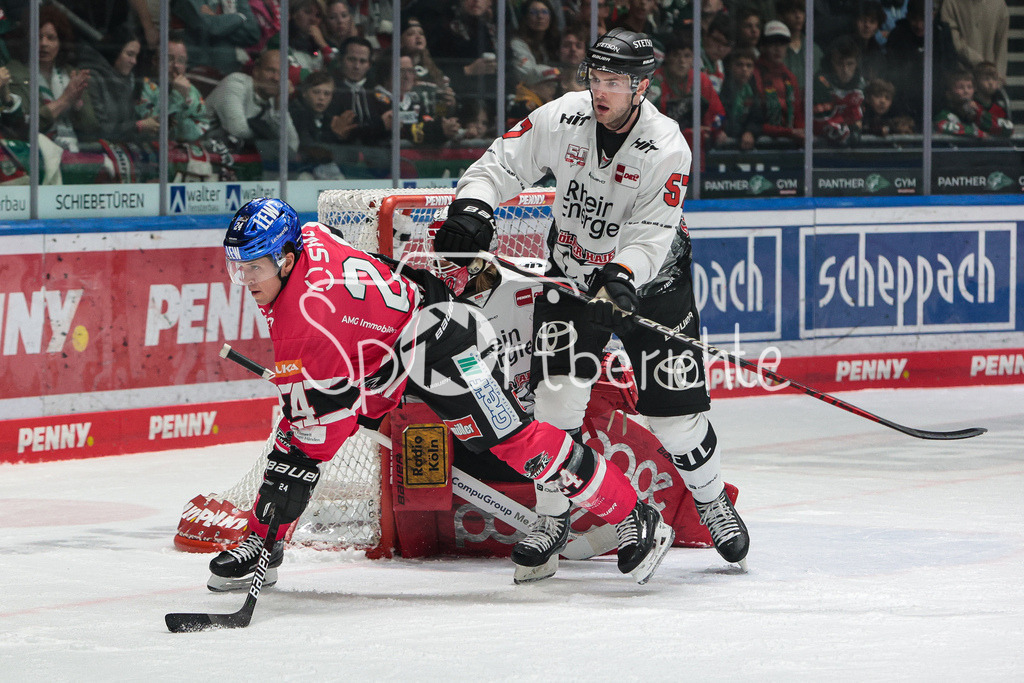 Augsburger Panther - Koelner Haie  | Thomas Jordan TREVELYAN (AEV #24) im Duell mit Brady AUSTIN (KEC #57) vor Mirko PANTKOWSKI (KEC #30)