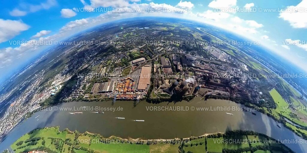 Duisburg241090028Logport_HKM-Stahlwerk | Luftbild, logport II (zwei) am Fluss Rhein, Stahlwerk HKM Hüttenwerke Krupp Mannesmann GmbH, Erdkugel, Fisheye Aufnahme, Fischaugen Aufnahme, 360 Grad Aufnahme, tiny world, little planet, fisheye Bild, Hüttenheim, Duisburg, Ruhrgebiet, Nordrhein-Westfalen, Deutschland