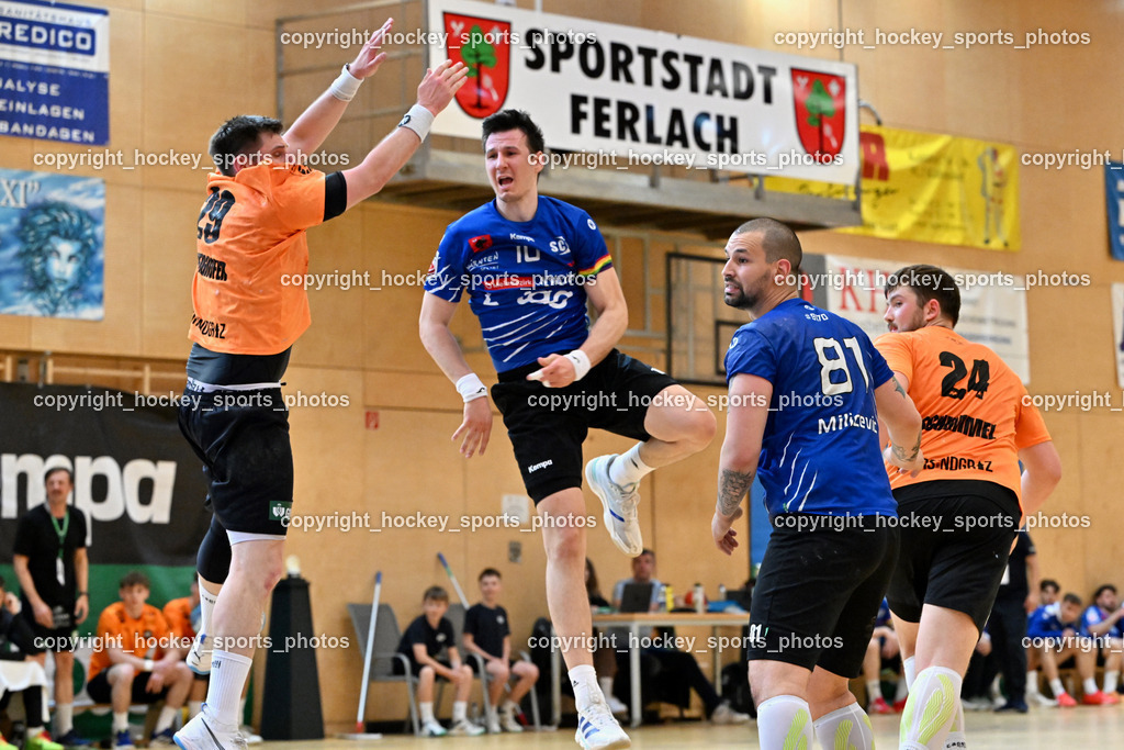 SC Ferlach vs. HSG Holding Graz | #29 SCHWEIGHOFER Lukas HSG Graz, #10 Perkusic Toni SC Ferlach, #81 Milicevic Micha SC Ferlach, #24 SCHIMMEL Florian HSG Graz, SC Ferlach vs. HSG Holding Graz, SC Ferlach vs. HSG Holding Graz am 24.05.2025 in Ferlach (Ballspielhalle Ferlach), Austria, (Photo by Bernd Stefan)