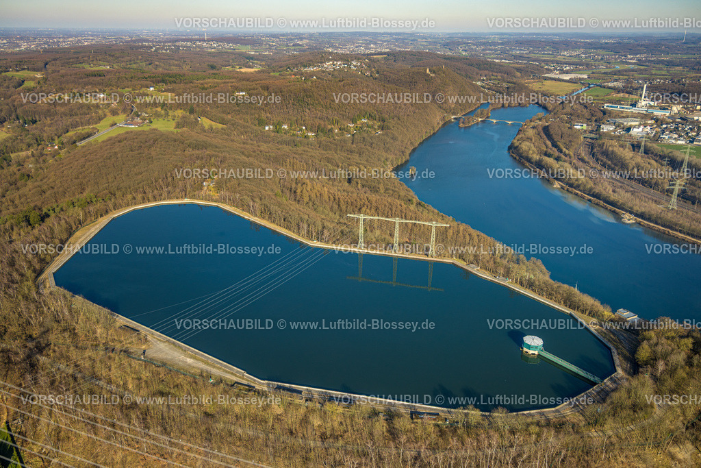 Herdecke260304033 | Luftbild, Stromtrasse Überlandleitung, RWE Pumpspeicherbecken Herdecke, Hochbecken am Koepchenwerk, Herdecke, Ruhrgebiet, Nordrhein-Westfalen, Deutschland