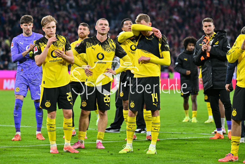 FC Bayern München - Borussia Dortmund | MUNICH, GERMANY - Gregor KOBEL (Borussia Dortmund 1), Daniel SVENSSON (Borussia Dortmund), Julian RYERSON (Borussia Dortmund 26) and Maximilian BEIER (Borussia Dortmund 14) after the bundesliga match between FC Bayern Munich vs. Borussia Dortmund on matchday 7 at Allianz Arena on October 18, 2025 in Munich, Germany / DFL REGULATIONS PROHIBIT ANY USE OF PHOTOGRAPHS AS IMAGE SEQUENCES AND/OR QUASI-VIDEO