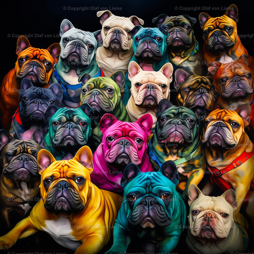 viele Mopse | Hundegesichter farbenfroh