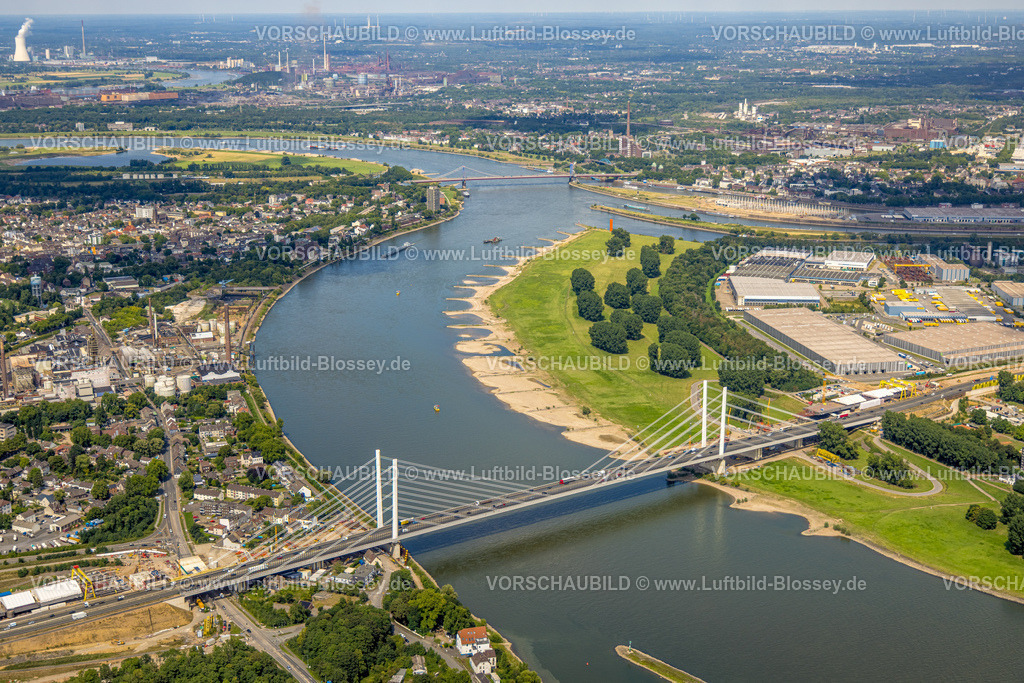 Duisburg250705139West | Luftbild, Großbaustelle Rheinbrücke Neuenkamp mit Autobahn A40 über den  Fluss Rhein, Alt-Homberg, Duisburg, Ruhrgebiet, Nordrhein-Westfalen, Deutschland