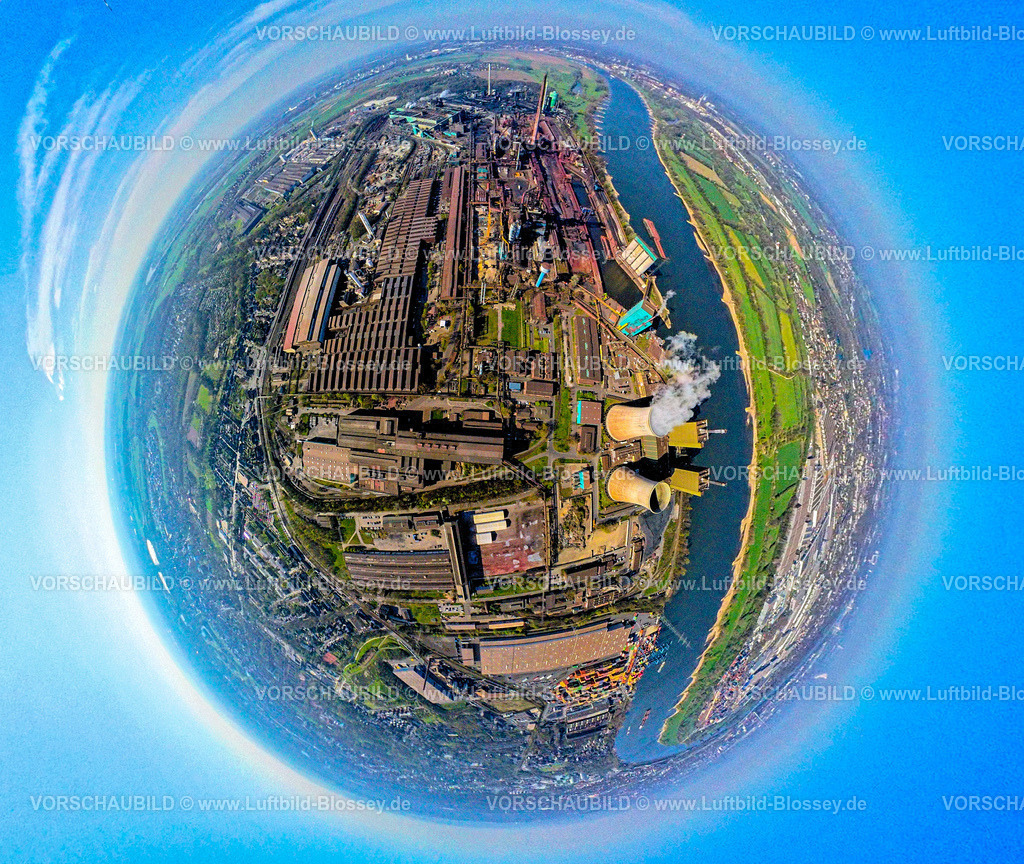 Duisburg250490007HKM-Stahlwerk | Luftbild, Hüttenwerke Krupp Mannesmann HKM am Fluss Rhein, Kokerei und Kühltürme mit Rauchwolken, Erdkugel, Fisheye Aufnahme, Fischaugen Aufnahme, 360 Grad Aufnahme, tiny world, little planet, fisheye Bild, Hüttenheim, Duisburg, Ruhrgebiet, Nordrhein-Westfalen, Deutschland