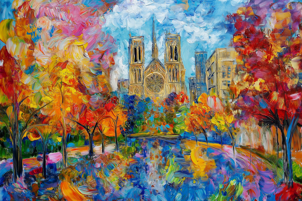 2501005 - Notre Dame | Bestellen Sie dieses Paris Motiv im Stil eines impressionistischen Ölgemäldes als hochwertiges Wandbild z.B. auf Leinwand oder hinter Acrylglas.