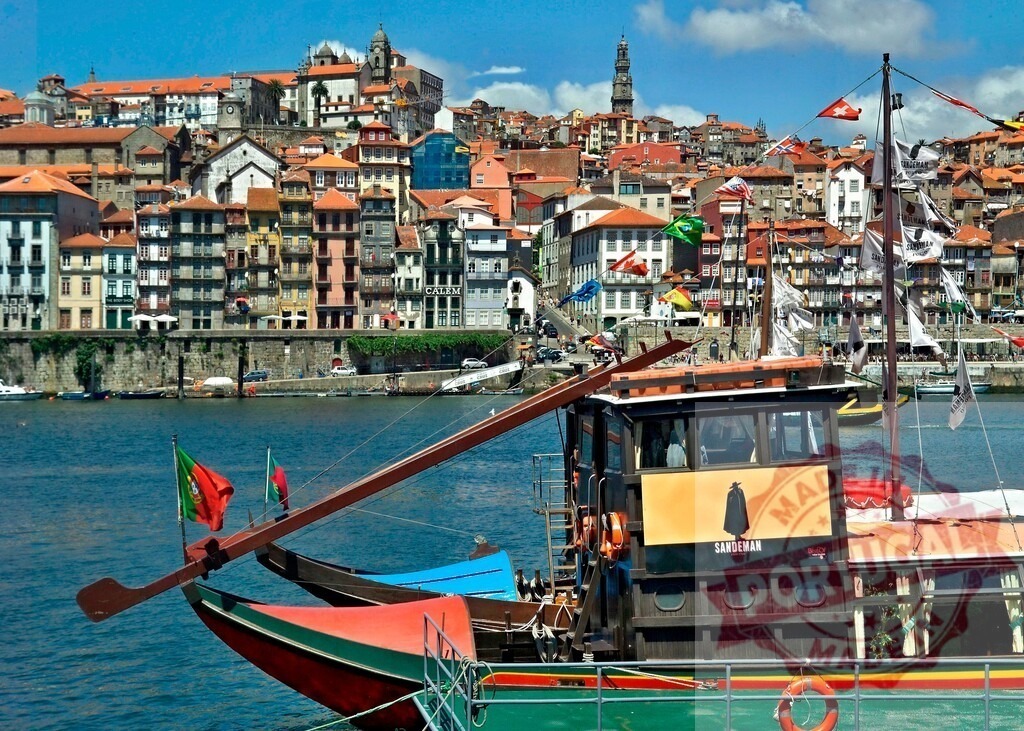Rabelo boat cruising Douro River, Porto cityscape | Rabelo boat navigating Douro River with historic Ribeira district and colorful buildings - Realisiert mit Pictrs.com