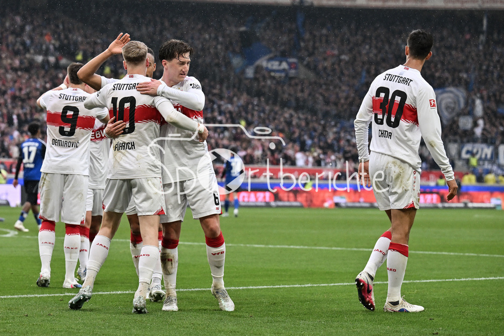 VfB Stuttgart - Hamburger SV | STUTTGART, GERMANY - 12. APRIL: Stuttgart celebrating the goal to makes 2-0 - Chris FÜHRICH (VfB Stuttgart 10) - Tor / Torschuetze / Freude / Happy during the Bundesliga Match between VfB Stuttgart vs. Hamburger SV on Matchday 29 at MHP Arena / DFL REGULATIONS PROHIBIT ANY USE OF PHOTOGRAPHS AS IMAGE SEQUENCES AND/OR QUASI-VIDEO