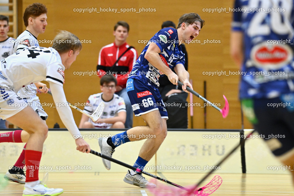 VSV Unihockey vs. KAC Floorball | #66 Jakob Rainer VSV Unihockey, #14 Pascual Fina KAC Floorball, VSV Unihockey vs. KAC Floorball, VSV Unihockey vs. KAC Floorball am 28.03.2026 in Villach (Ballspielhalle St. Martin), Austria, (Photo by Bernd Stefan)