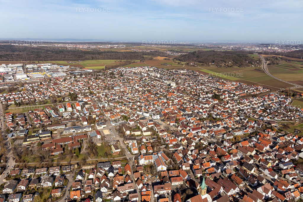 Luftbild: Ortsansicht aus Südwesten in Renningen im Bundesland Baden-Württemberg in Deutschland. Foto: IMG_125078.jpg vom 20.02.2021 durch Werner Riehm/FLY-FOTO.de