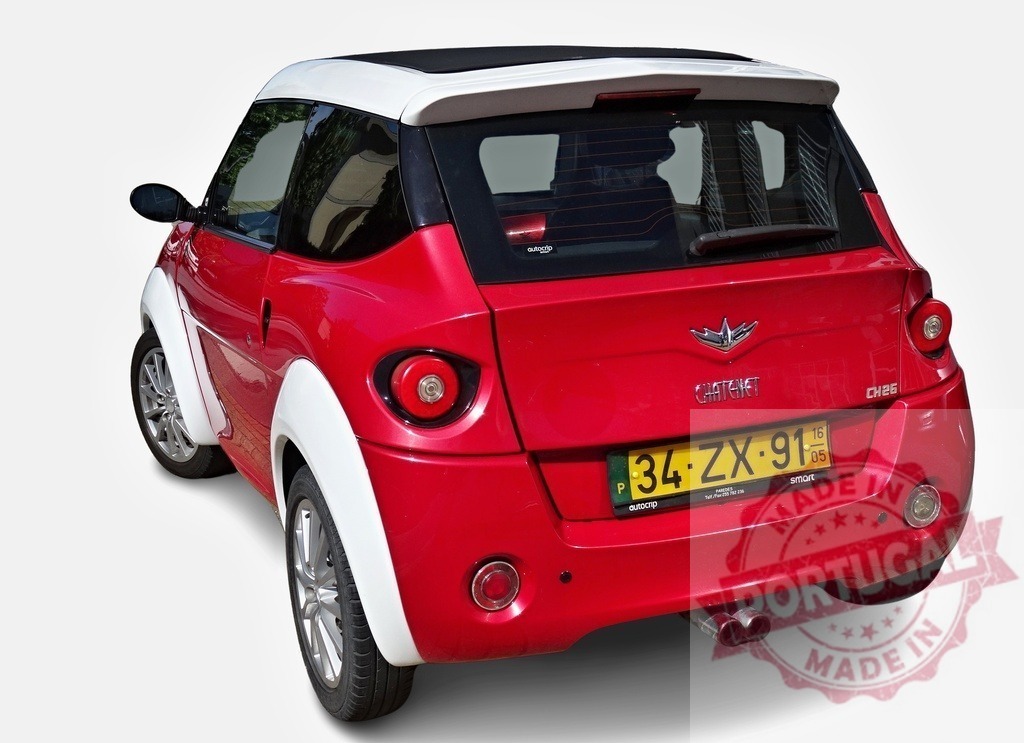 Red and white Chatenet CH26 microcar parked, rear view | Red and white Chatenet CH26 microcar parked on white background, rear view - Realized with Pictrs.com