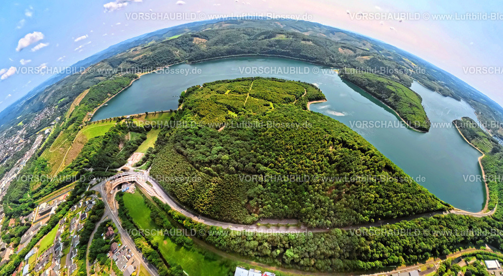 Attendorn250808040Biggesee | Luftbild, Biggesee Talsperre, umgeben von Wald, Erdkugel, Fisheye Aufnahme, Fischaugen Aufnahme, 360 Grad Aufnahme, tiny world, little planet, fisheye Bild, Neu-Listernohl, Attendorn, Sauerland, Nordrhein-Westfalen, Deutschland