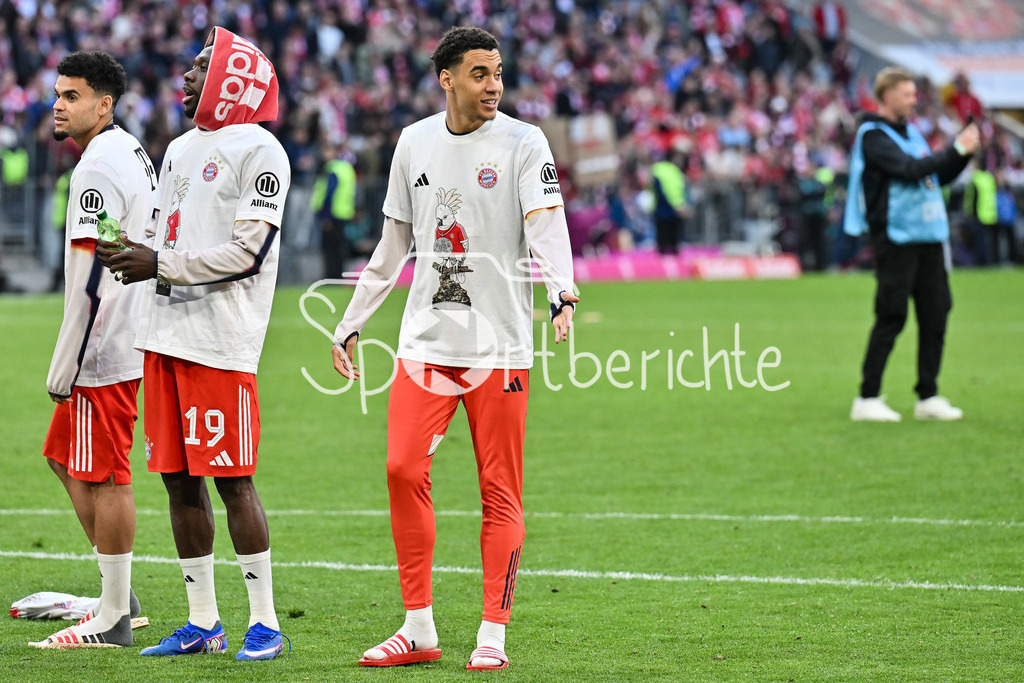 FC Bayern München - VfB Stuttgart | MUNICH, GERMANY - 19. APRIL: the Team form Bayern Munich celebrating - Deutsche Meisterschaft / Deutscher Fussballmeinster / Deutscher Meister after the Bundesliga Match between FC Bayern Munich vs. VfB Stuttgart at Matchday 30 at Allianz Arena / DFL REGULATIONS PROHIBIT ANY USE OF PHOTOGRAPHS AS IMAGE SEQUENCES AND/OR QUASI-VIDEO / Luis DIAZ (FC Bayern Munich 14), Alphonso DAVIES (FC Bayern Munich 19), Jamal MUSIALA (FC Bayern Munich 10)