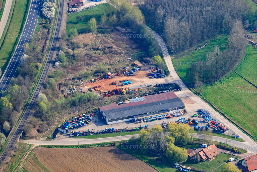 Aerial view: NIESS AGRICULTURE - HOPE - HUSQVARNA in Hoffen in the state Bas-Rhin, France. – Photo: IMG_63813.jpg taken on 03/30/2014 by Werner Riehm/FLY-FOTO.com – Resolution of the original: 4752 x 3168 px – ACKERMANN GROUPE - Occasions, matériels et pièces détachées agricoles