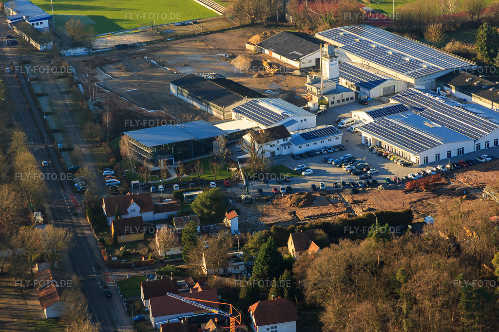 Luftbild: Quartier Lanzet von Süden mit Hagebau Kompakt - Gillet Baustoffe GmbH in Herxheim bei Landau im Bundesland Rheinland-Pfalz in Deutschland. Foto: IMG_076476.jpg vom 05.01.2015 durch Werner Riehm/FLY-FOTO.deGillet Webseite