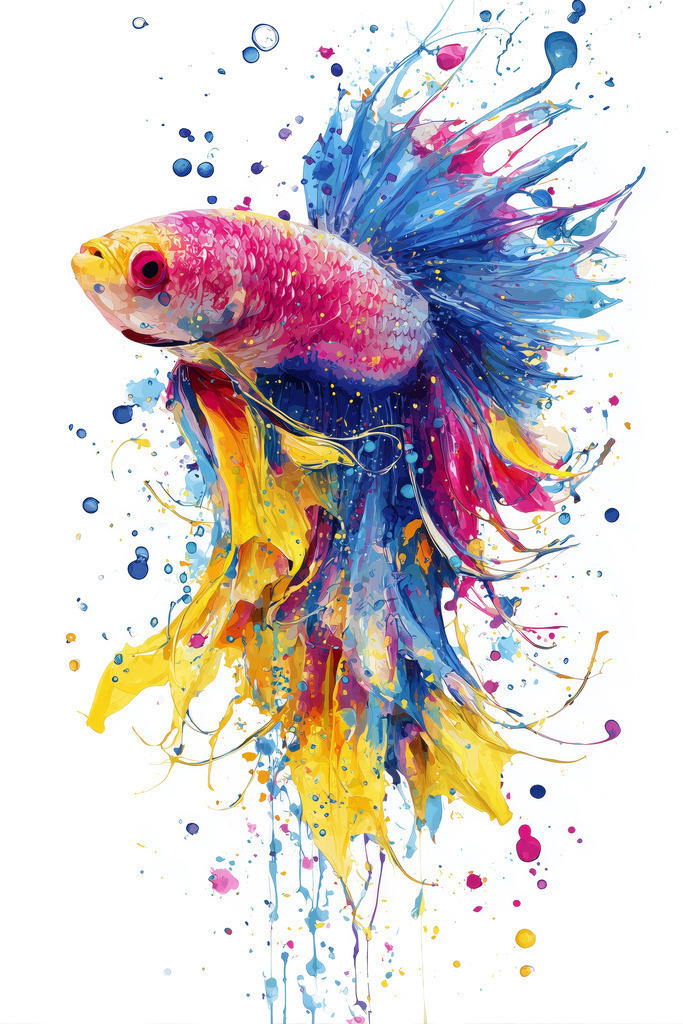 2506009 - Bunter Kampffisch | Ein bunter Betta Fisch im Stil eines modernen bunten Gemäldes auf weißem Hintergrund.  Konfiguriere dieses Motiv als Wandbild oder Poster ganz einfach über "Bestellen".