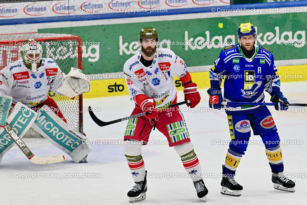 EC VSV vs. HC Bozen 16.2.2024 | #38 Harvey Sam, #55 Vandane Davis, #84 Andrew DesjardinsEC VSV vs. HC Bozen 16.2.2024, EC VSV vs. HC Bozen 16.2.2024 am 16.02.2024 in Villach (Stadthalle Villach), Austria, (Photo by Bernd Stefan)