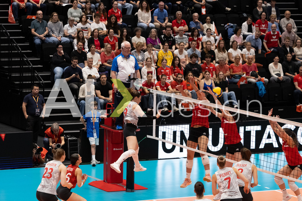 Georgia v Switzerland - CEV European League Women | KRIENS, SWITZERLAND - JUNE 12: SARINA WIELAND of Switzerland attack / spike during the CEV European League match between Georgia and Switzerland at Pilatus Arena on June 12, 2026 in Kriens, Switzerland. - Realisiert mit Pictrs.com
