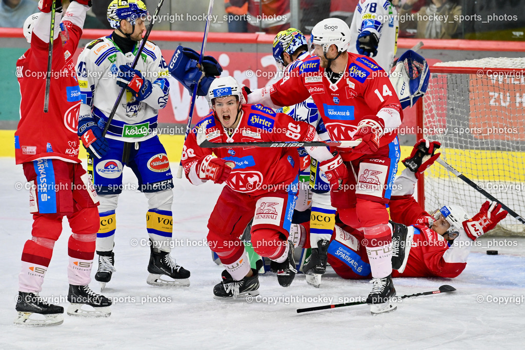 EC KAC vs. EC IDM Wärmepumpen VSV 5.11.2023 | Jubel EC KAC Mannschaft, Tor EC KAC, #46 Wall Alex, #80 Kraus Nikolaus, #14 Postma Paul, #17 Ganahl Manuel