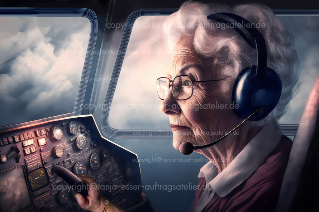 Senorin steuert ein Flugzeug D | KI Illustration zeigt eine rüstige 80 jährige Seniorin steuert ein Flugzeug. Sie trägt ein Headset. Moderne Senioren können viel erreichen. Konzeptbild für geistige Fitness im Alter. Generative KI Kunst. 