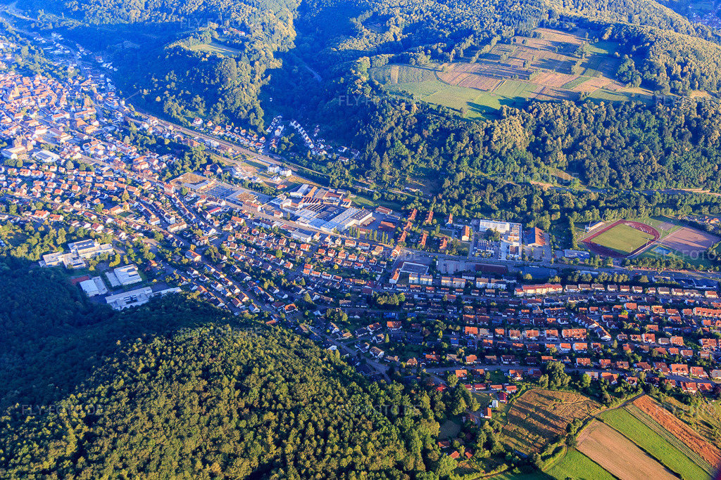 Luftbild: Ortsansicht von Osten in Annweiler am Trifels im Bundesland Rheinland-Pfalz in Deutschland. Foto: IMG_091599.jpg vom 10.07.2016 durch Werner Riehm/FLY-FOTO.de