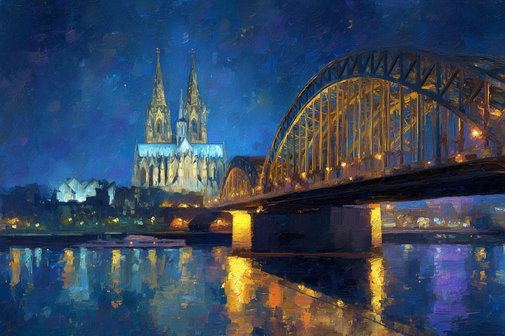 2602028 - Kölner Dom bei Nacht | Blick über den Rhein auf den Kölner Dom bei Nacht im Stil eines modernen Gemäldes.