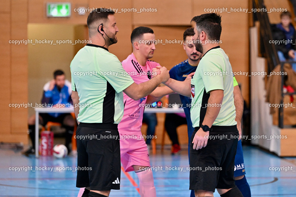 Carinthia Flamengo Futsal Club vs. Futsal Klagenfurt | Salih Yildirim Referee, Faruk Celebi Referee, #7 Enes Brdjanovic Carinthia Flamengo, #15 Vahid Muharemovic Futsal Klagenfurt, Carinthia Flamengo Futsal Club vs. Futsal Klagenfurt, Carinthia Flamengo Futsal Club vs. Futsal Klagenfurt am 01.12.2024 in Klagenfurt (Ballspielhalle Viktring), Austria, (Photo by Bernd Stefan)
