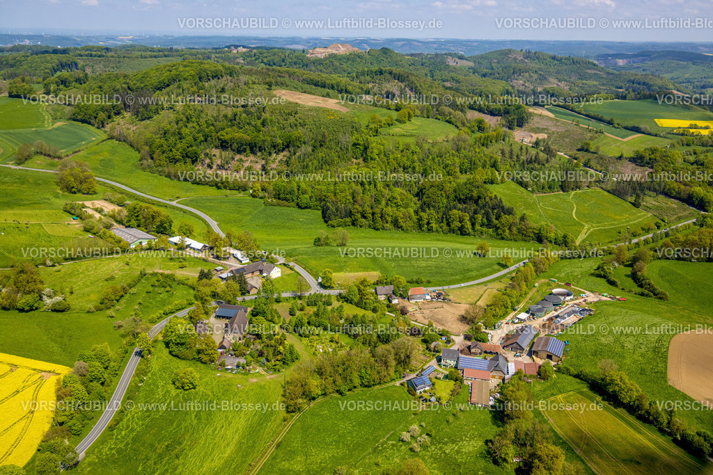 Sundern230504535Estinghausen | Luftbild, Waldgebiet mit Waldschäden, Ortsansicht Estinghausen, Sundern, Sauerland, Nordrhein-Westfalen, Deutschland