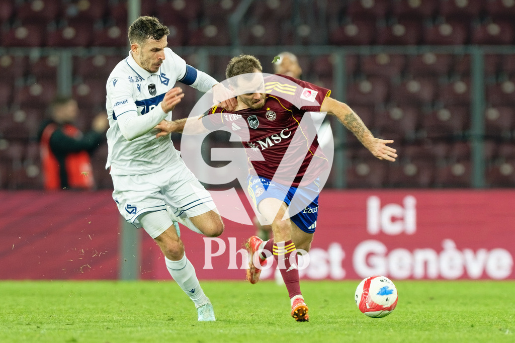 Brack Super League - Servette FC v FC Lausanne-Sport | Timothe Cognat (8 Servette FC) in action (close up) under pressure of Olivier Custodio (10 FC Lausanne-Sport)  during the Brack Super League match between Servette FC and FC Lausanne-Sport at Stade de Geneve in Geneva, Switzerland