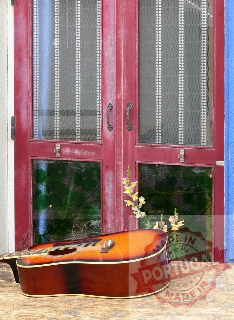 Acoustic guitar resting on wooden surface with red door and yellow snapdragon flowers | Sunburst finish acoustic guitar lying on its side on wooden surface with red painted door and yellow snapdragon flowers - Realisiert mit Pictrs.com