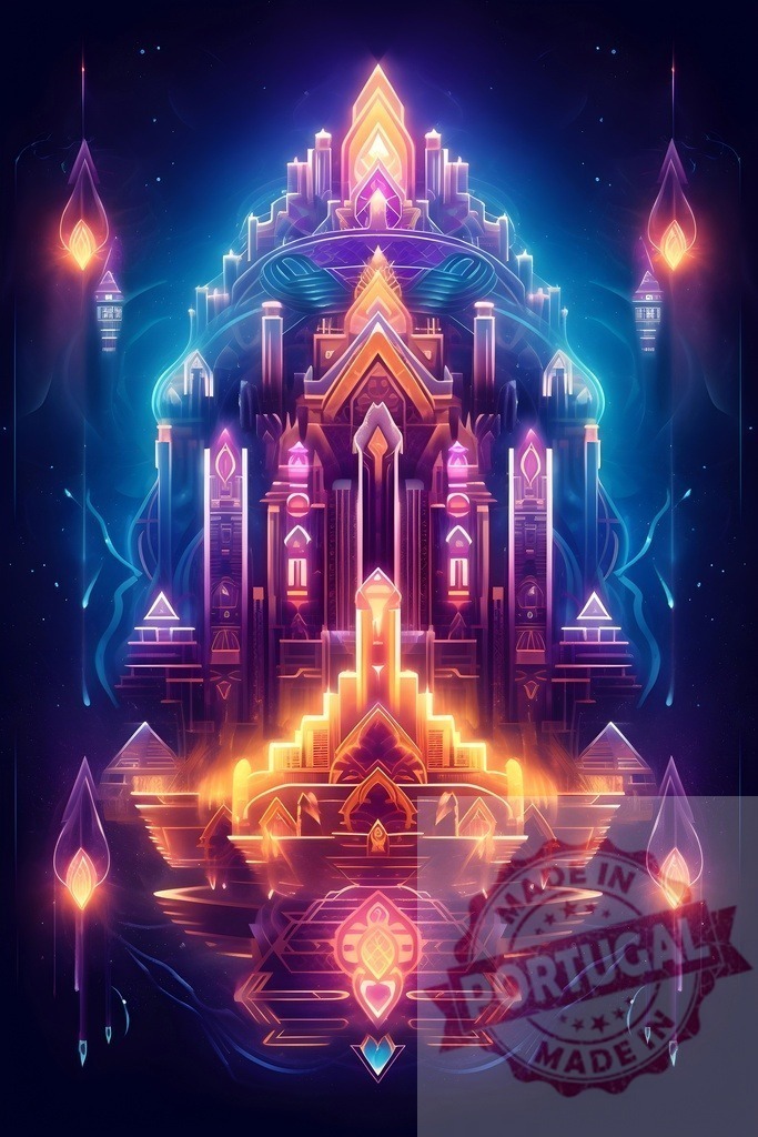 Luminous neon fantasy castle glowing with magic light | Abstract digital ancient temple glowing with mystical energy and futuristic architecture - Realized with Pictrs.com