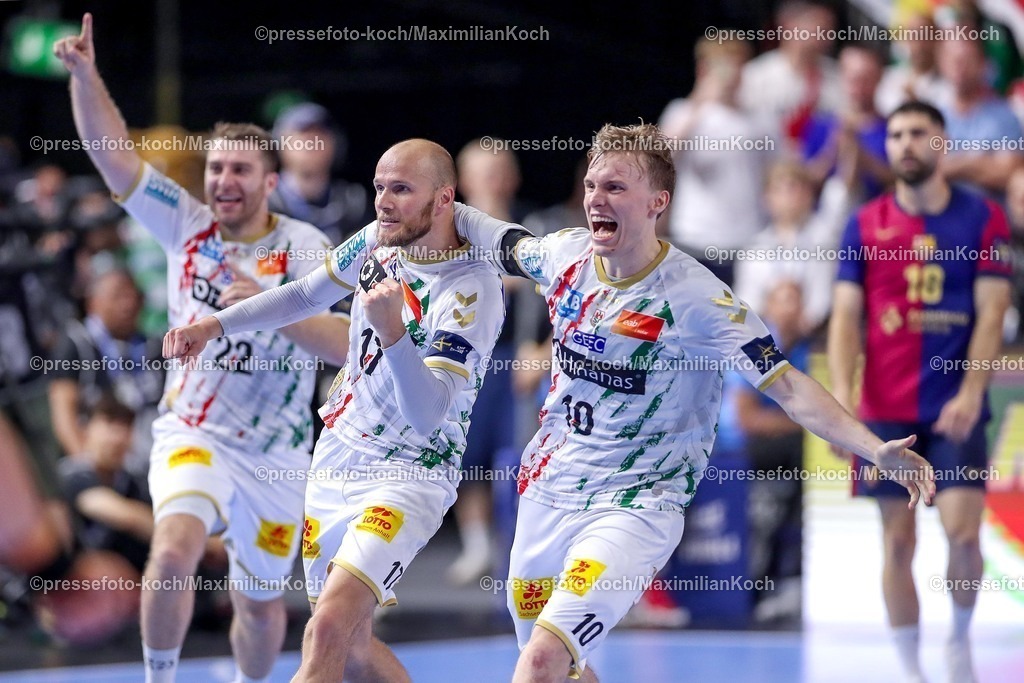 KoeEHF14062502070 | 14.06.2025, Handball, Halbfinale TruckScout24 EHF FINAL4, LANXESS arena Köln, FC Barcelona - SC Magdeburg: Die Magdeburger Tim Hornke (Magdeburg #17) und Gisli Kristjansson (Magdeburg #10) jubeln zusammen nach dem Treffer zum Einzug ins Finale. 
