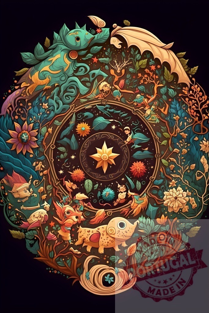 Fantasy folk creatures forming intricate natural mandala illustration | Folkloric fantasy creatures and plants creating a vibrant circular design - Realized with Pictrs.com