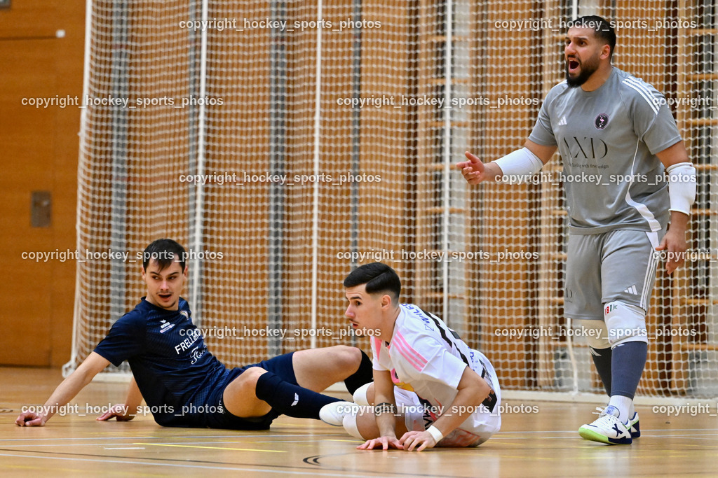 LPSV Kärnten Futsal vs. Carinthia Flamengo Futsal  | #7 Advan Pozderac LPSV Kärnten, #72 Armin Kahvedzic Carinthia Flamengo, #1 Youssef Helal Carinthia Flamengo, LPSV Kärnten Futsal vs. Carinthia Flamengo Futsal , LPSV Kärnten Futsal vs. Carinthia Flamengo Futsal  am 02.11.2025 in Villach (Ballspielhalle St. Martin), Austria, (Photo by Bernd Stefan)