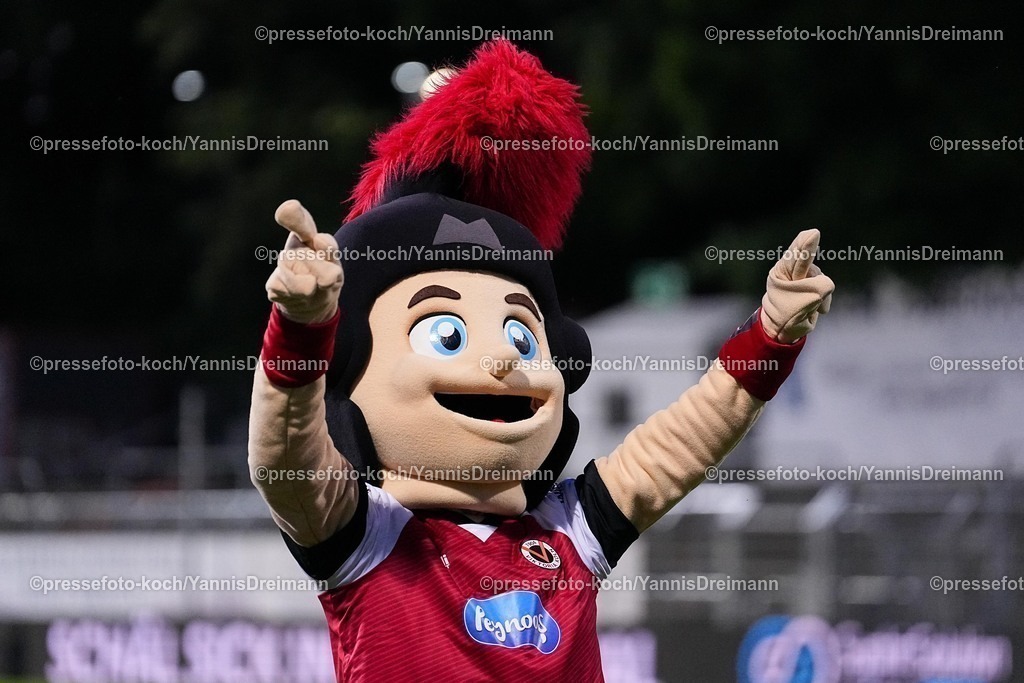 xYDR11052501083 | 11.05.2025, xydrx, Fußball, Viktoria Köln - Hannover 96 II , 3.Liga, Sportpark Höhenberg, Saison 2024 2025: Viktoria Köln Maskottchen jubelnd, feature, DFB regulations prohibit any use of photographs as image sequences and or quasi-video.