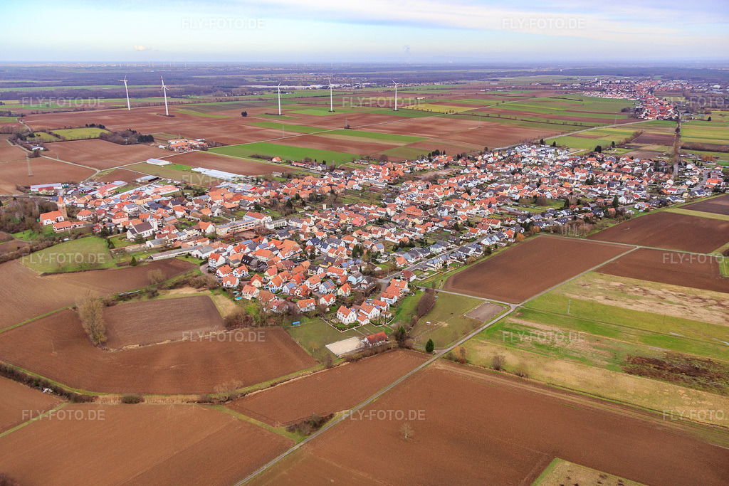 Luftbild: Dorfansicht aus Südosten in Minfeld im Bundesland Rheinland-Pfalz in Deutschland. Foto: IMG_085890.jpg vom 08.01.2016 durch Werner Riehm/FLY-FOTO.de